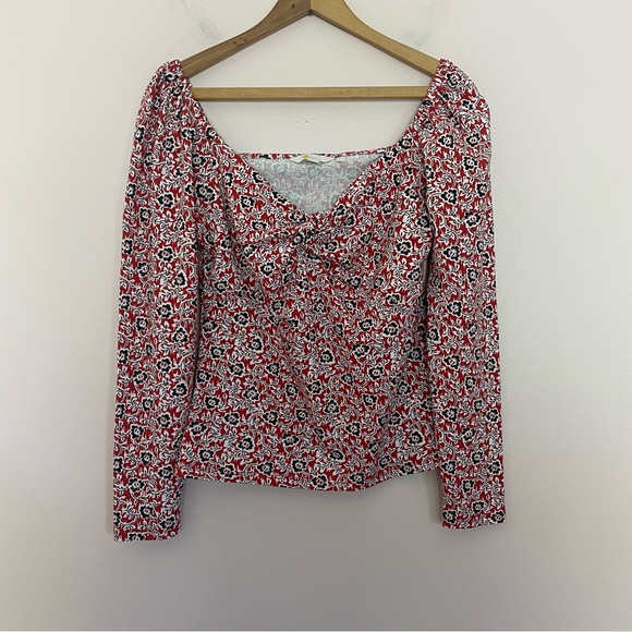 Boden Red and Black Floral Sweetheart Neck Long Sleeve Jersey Knit Top Size 8 - Picture 2 of 5